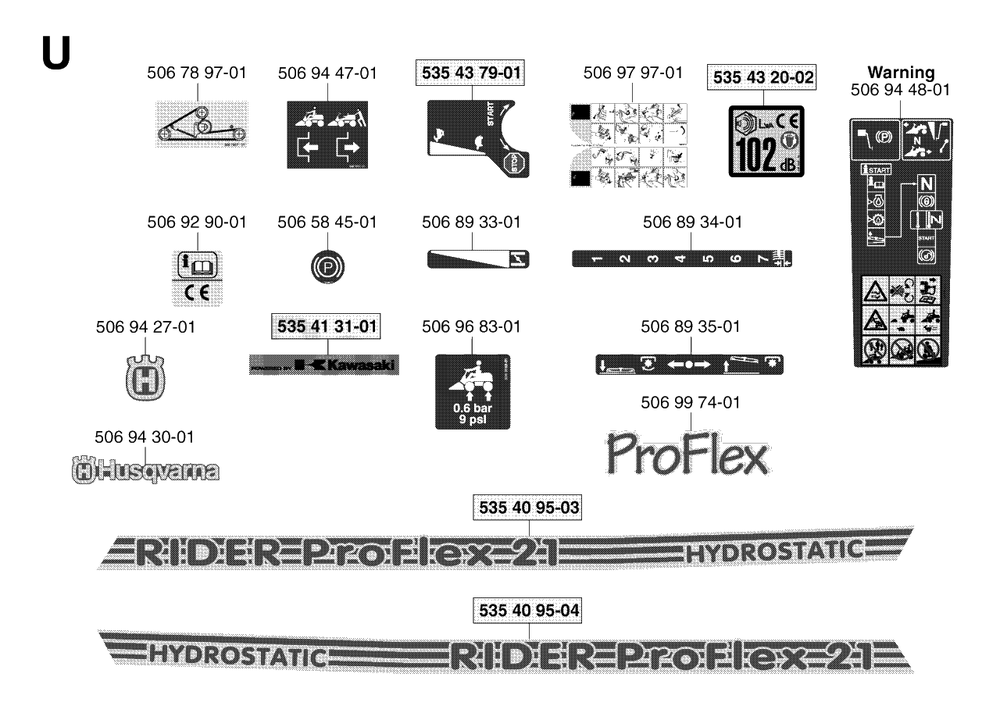 Decals Diagram and Parts List for PF21 2002-03 Husqvarna Lawn Tractor
