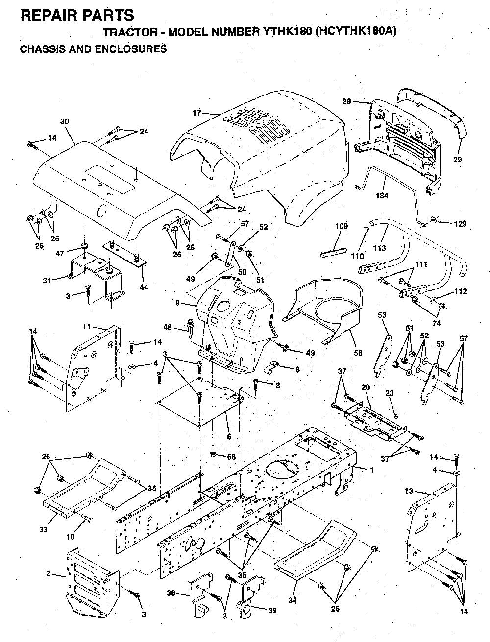 Chassis And Enclosures Diagram and Parts List for YTHK180 (HCYTHK180A)(1996-01) Husqvarna Lawn Tractor