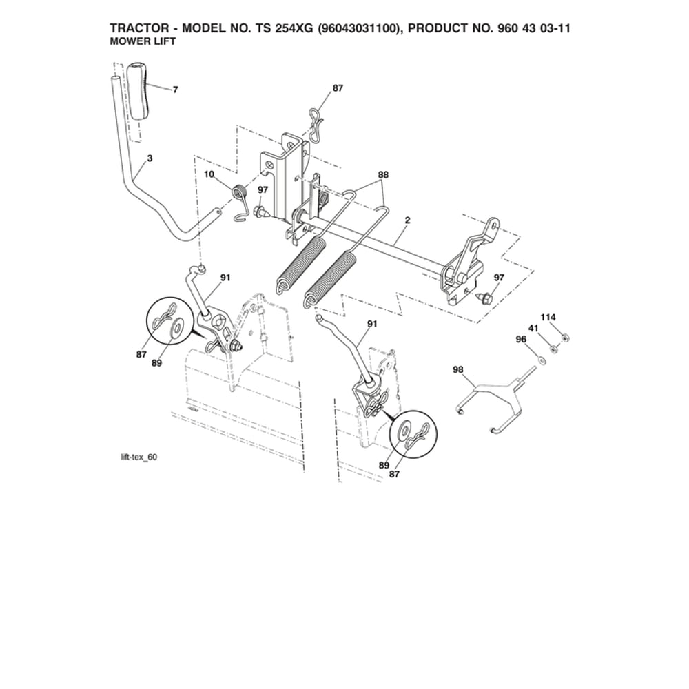Mower Lift Diagram and Parts List for 96043031100  Husqvarna Lawn Tractor