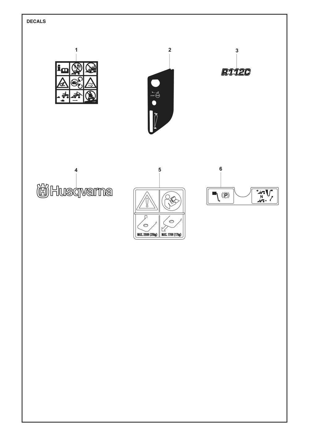 Decals Diagram and Parts List for R112C 2021 Husqvarna Lawn Tractor