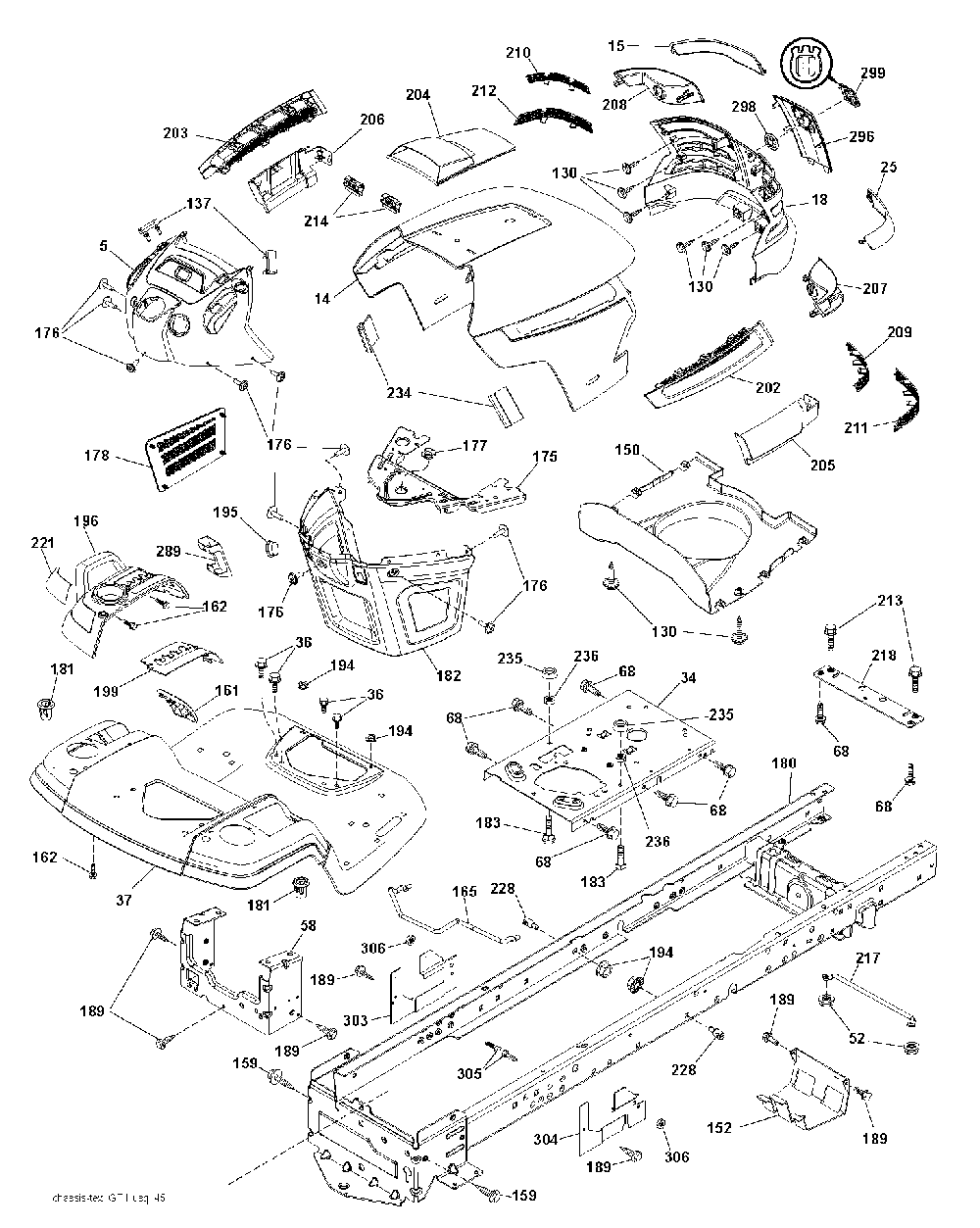 Chassis And Enclosures Diagram and Parts List for YTH150TWIN (96041002203)(2009-01) Husqvarna Lawn Tractor