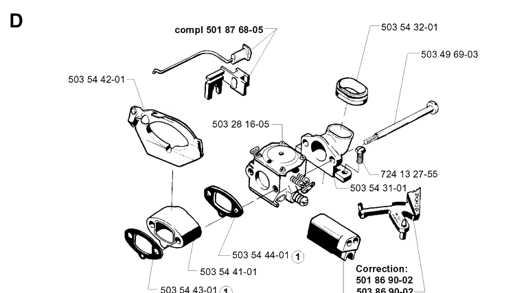 Carburetor Diagram and Parts List for 262XP 19960100001-19981400000 Husqvarna Chainsaw