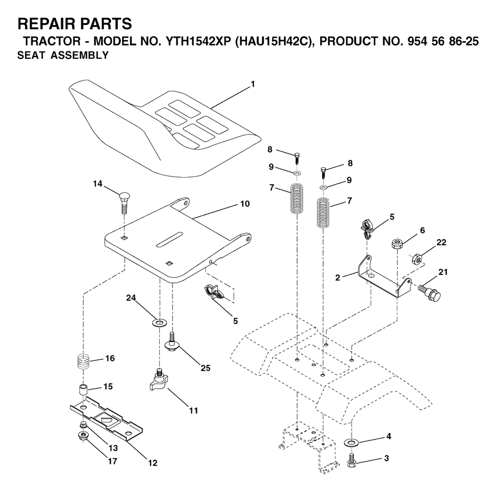 Seat Diagram and Parts List for YTH1542XP (954568625-C)(2003-01) Husqvarna Lawn Tractor