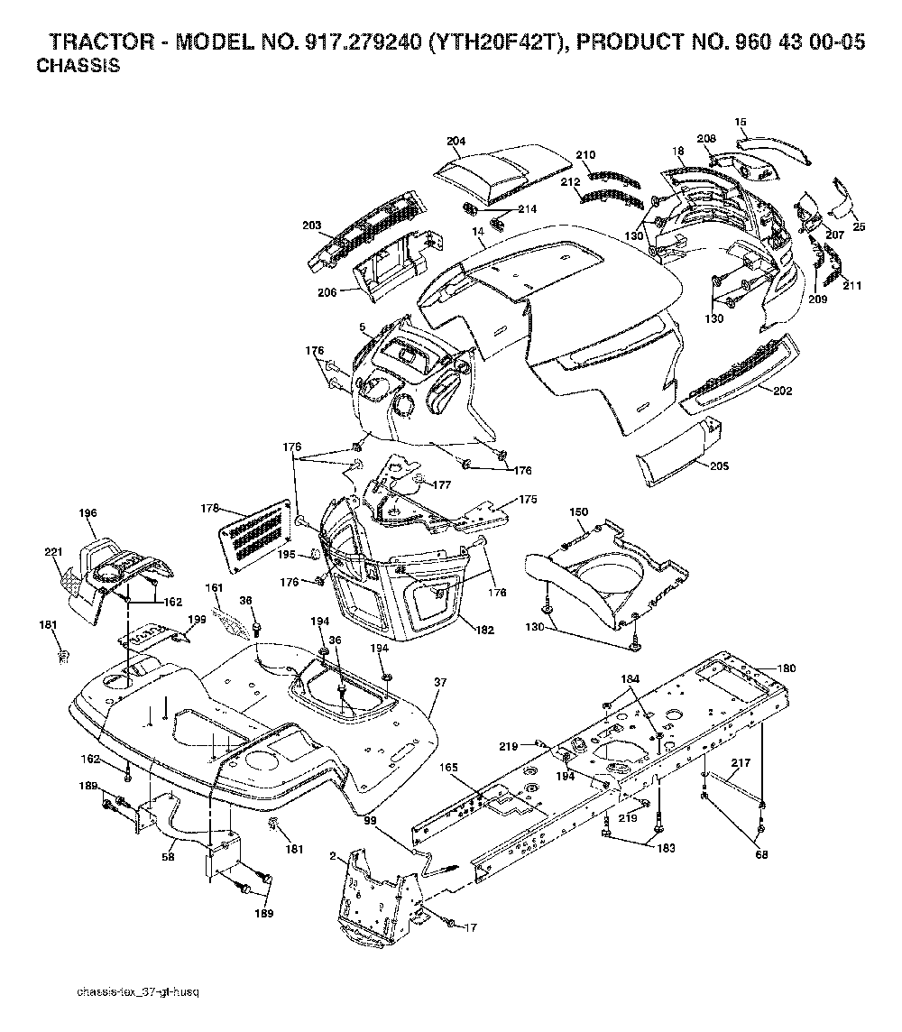 Chassis And Enclosures Diagram and Parts List for YTH20F42T (917279240, 960430005)(2006-02) Husqvarna Lawn Tractor