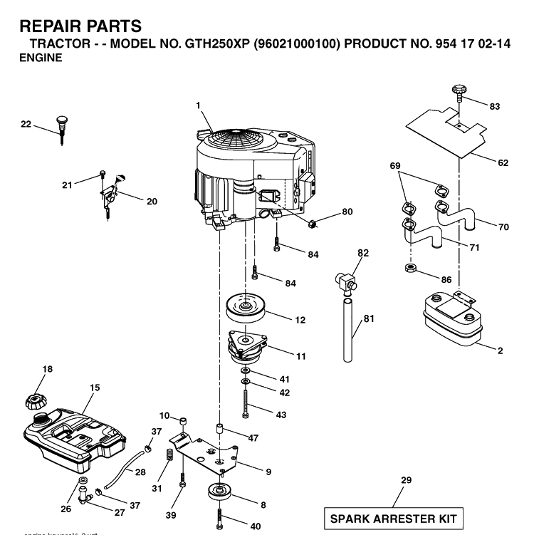 Engine Diagram and Parts List for GTH250XP (96021000100)(2005-01) Husqvarna Lawn Tractor