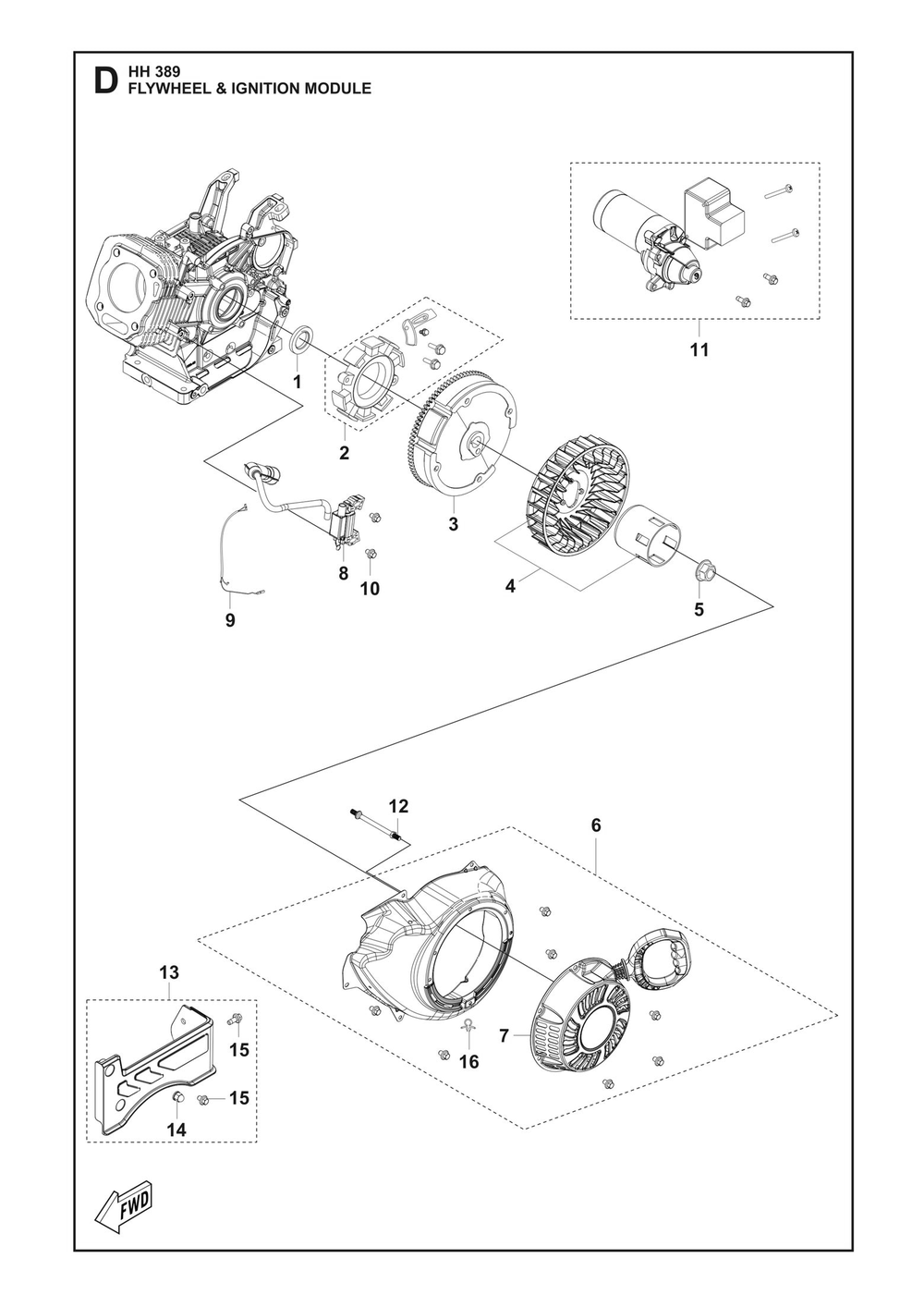 Flywheel And Ignition Assembly Diagram and Parts List for HH389 598609901, 598609902, 598609903 Husqvarna Engine