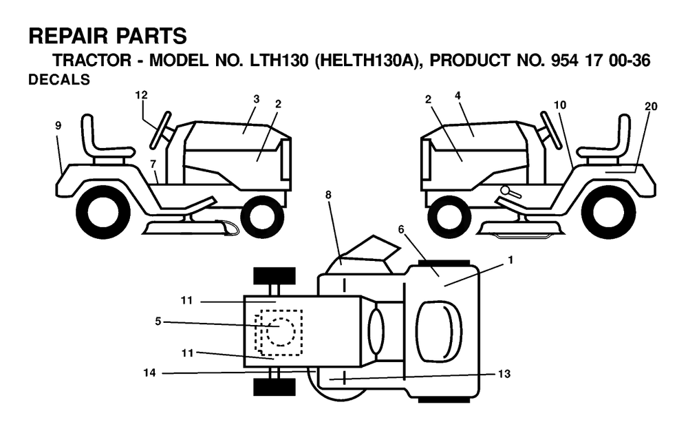 Decals Diagram and Parts List for LTH130 (954170036-A)(2001-01) Husqvarna Lawn Tractor