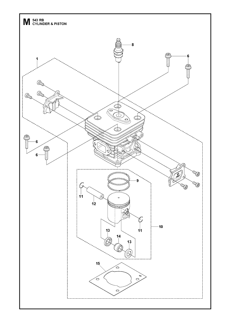 Cylinder Piston Diagram and Parts List for 543RB  Husqvarna Brush Cutter