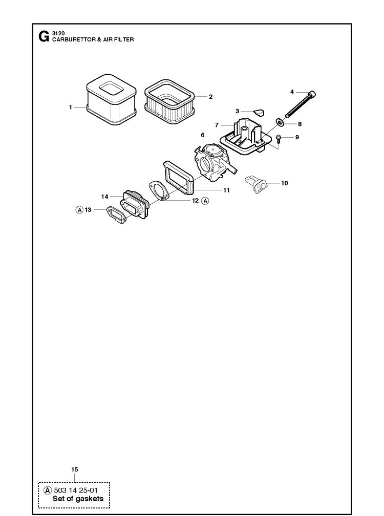 Carburetor And Air Filter Diagram and Parts List for 3120XP-3120XPEPA 20162700001-20180900000 Husqvarna Chainsaw