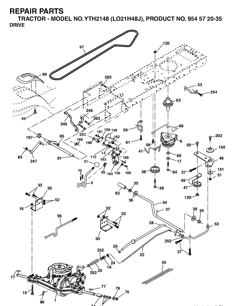 Drive Diagram and Parts List for YTH2148-LO21H48J 2004-05 Husqvarna Lawn Tractor