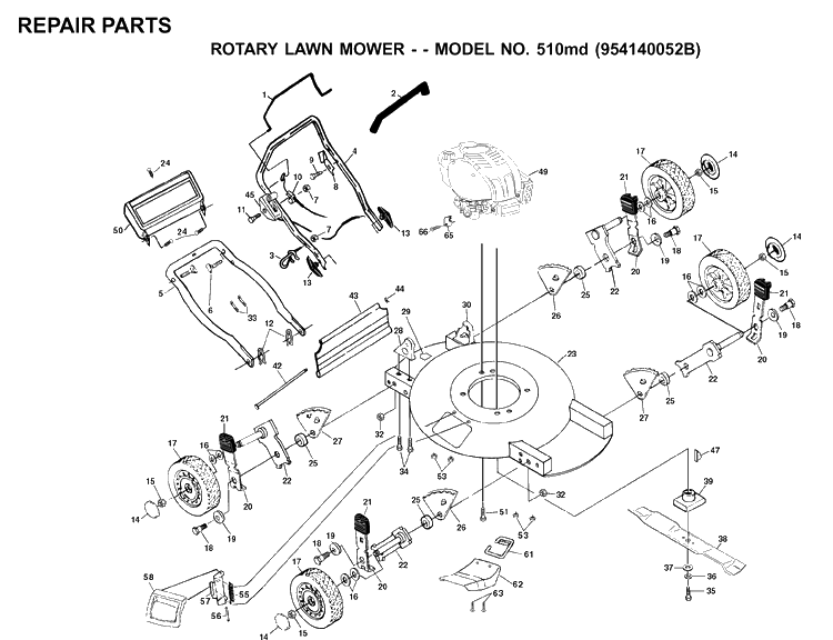 Product Complete Diagram and Parts List for 510 (954140052B)(1999-04) Husqvarna Lawn Mower