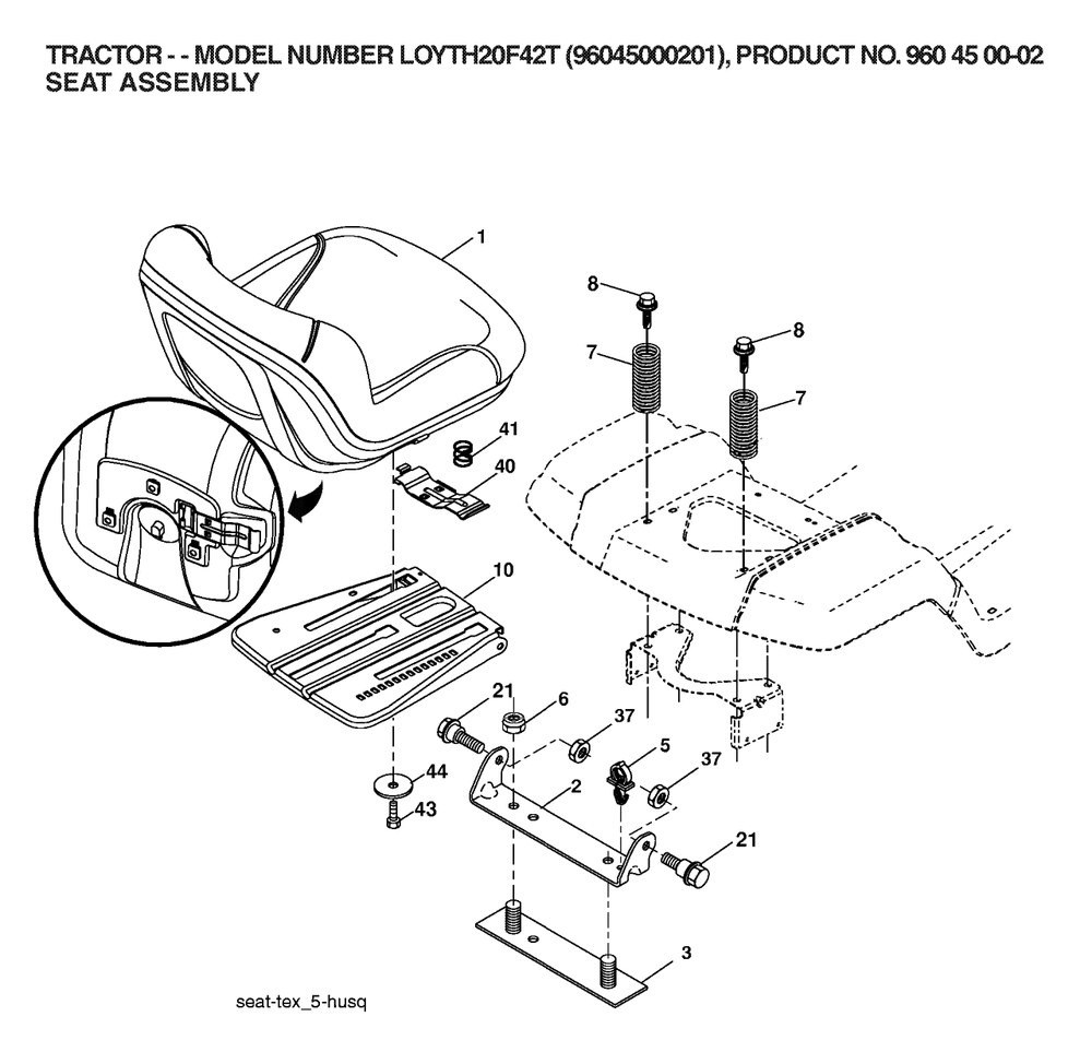 Seat Diagram and Parts List for YTH20F42T (960450002-01)(2006) Husqvarna Lawn Tractor