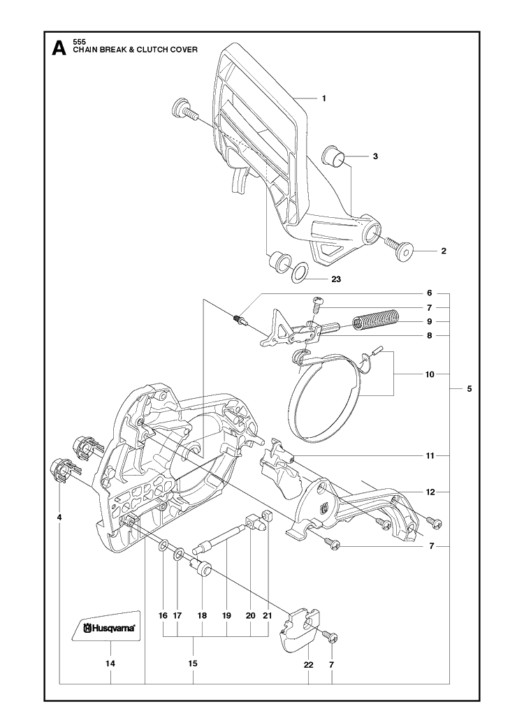 Chain Brake Clutch Cover Diagram and Parts List for 555 2011-03 Husqvarna Chainsaw