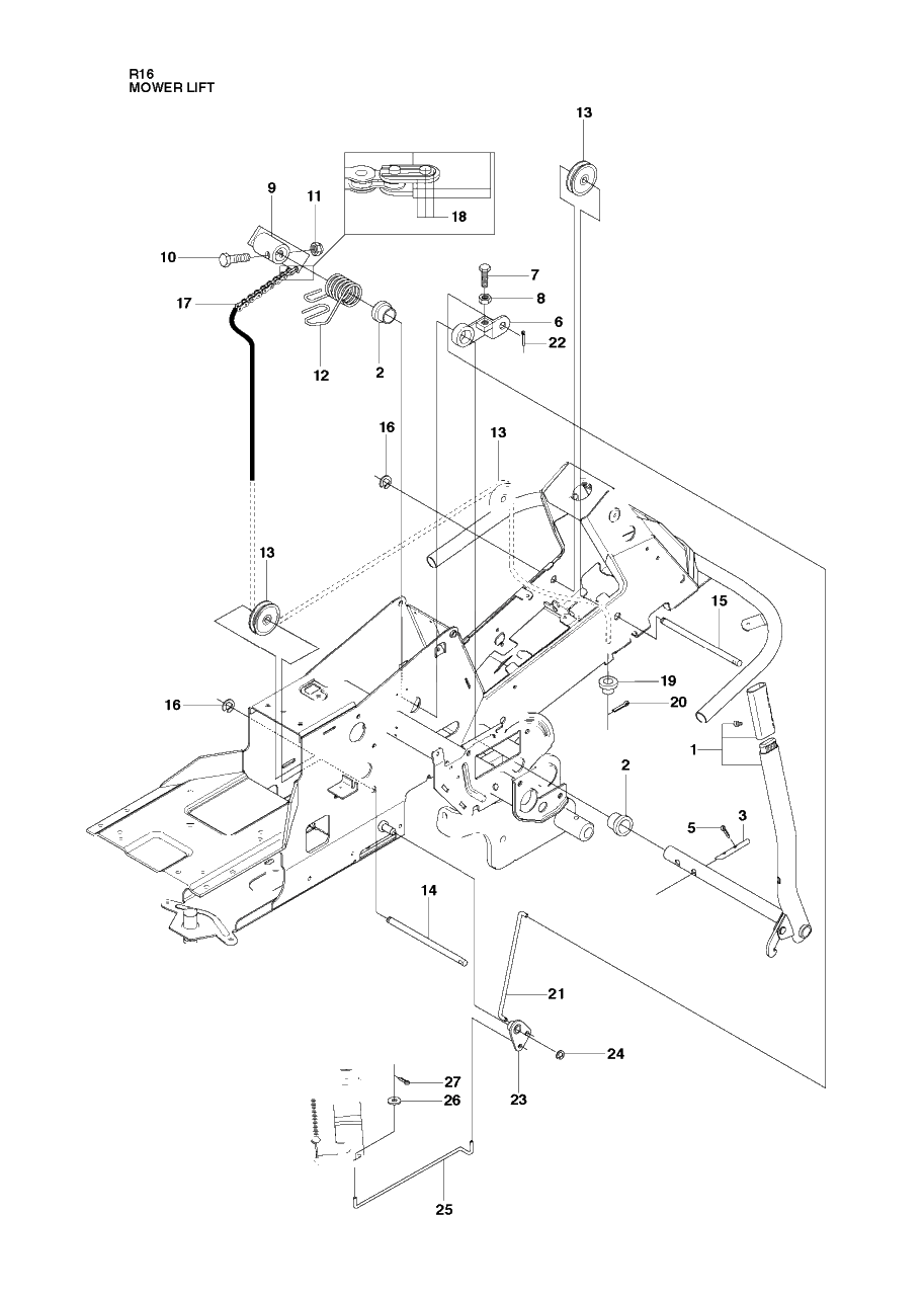 Mower Lift / Deck Lift Diagram and Parts List for R16 (965161601)(2010-07) Husqvarna Lawn Tractor