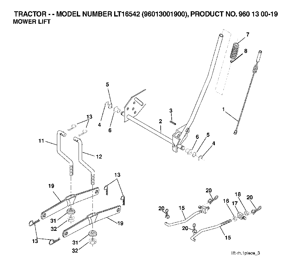 Mower Lift / Deck Lift Diagram and Parts List for LT16542 (96013001900)(2006-02) Husqvarna Lawn Tractor