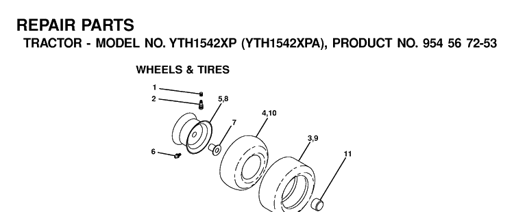 Wheels And Tires Diagram and Parts List for YTH1542XP (954567253)(2001-01) Husqvarna Lawn Tractor