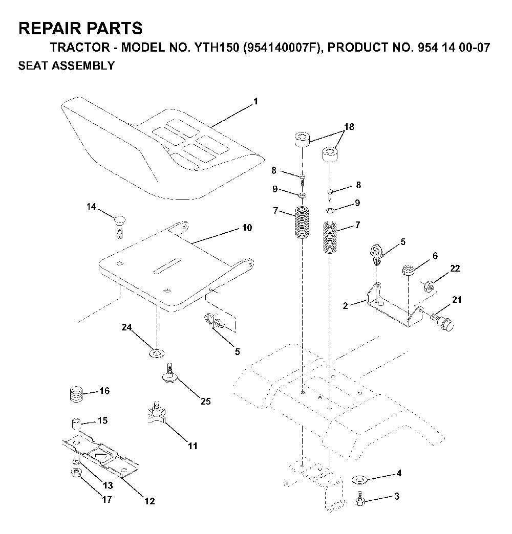 Seat Diagram and Parts List for YTH150 (954140007F, 954140007)(1998-07) Husqvarna Lawn Tractor