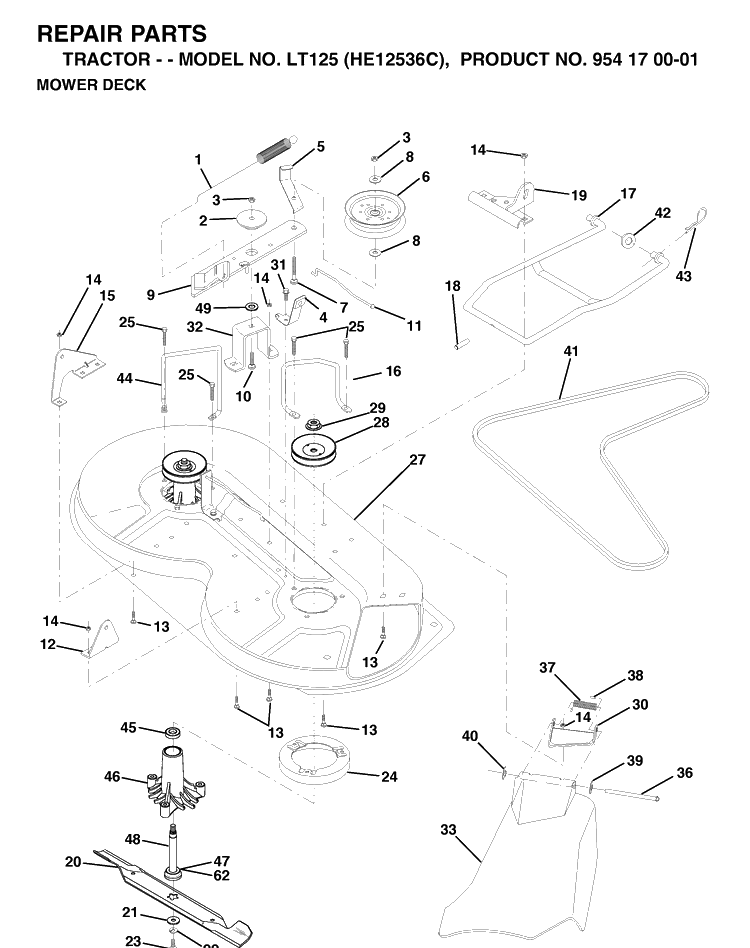 Mower Deck / Cutting Deck Diagram and Parts List for LT125 (HE12536C)(1998-03) Husqvarna Lawn Tractor