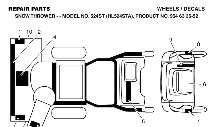 Decals Diagram and Parts List for 524ST (HL524STA)(2004-03) Husqvarna Snow Blower