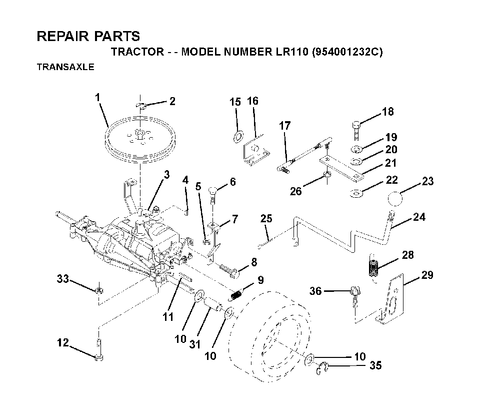 Transmission Diagram and Parts List for LR110 (954001232C)(1995-08) Husqvarna Lawn Tractor