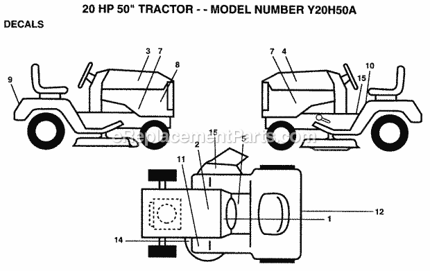 Decals Diagram and Parts List for Y20H50A 1994 Husqvarna Lawn Tractor