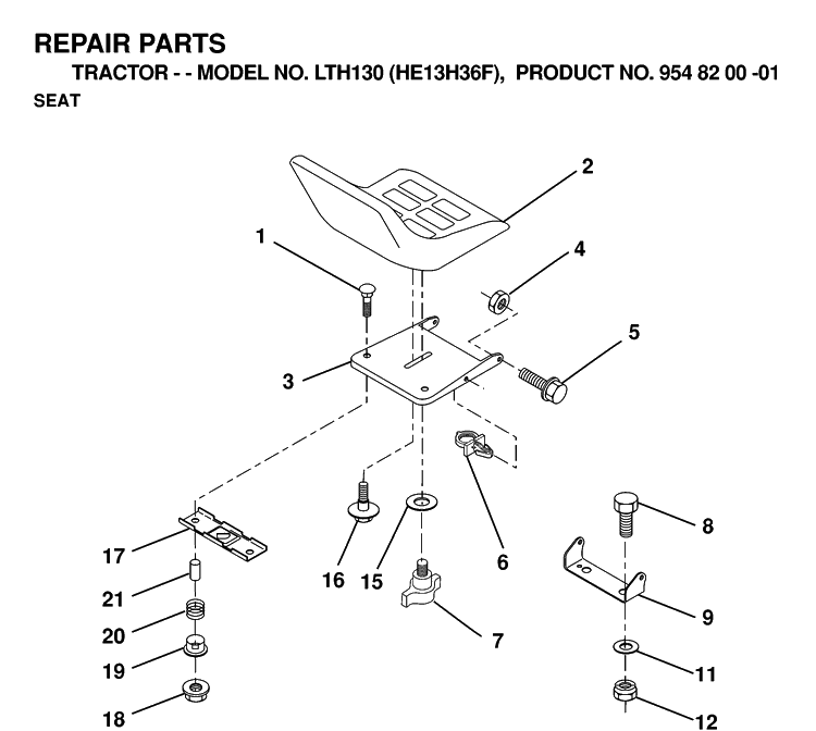Seat Diagram and Parts List for LTH130 (HE13H36F)(1998-12) Husqvarna Lawn Tractor
