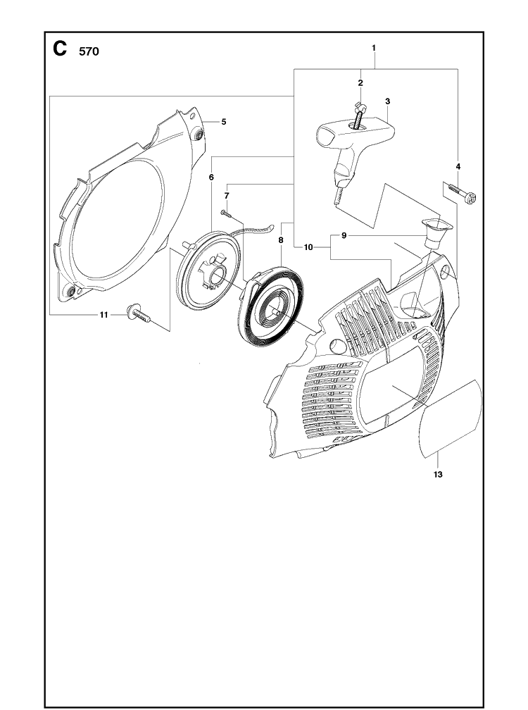 Starter Diagram and Parts List for 570 (570 EPA)(20090100001-Current) Husqvarna Chainsaw