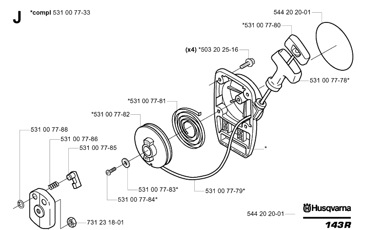 Starter Diagram and Parts List for 143R 20054100001-20065299999 Husqvarna Brush Cutter