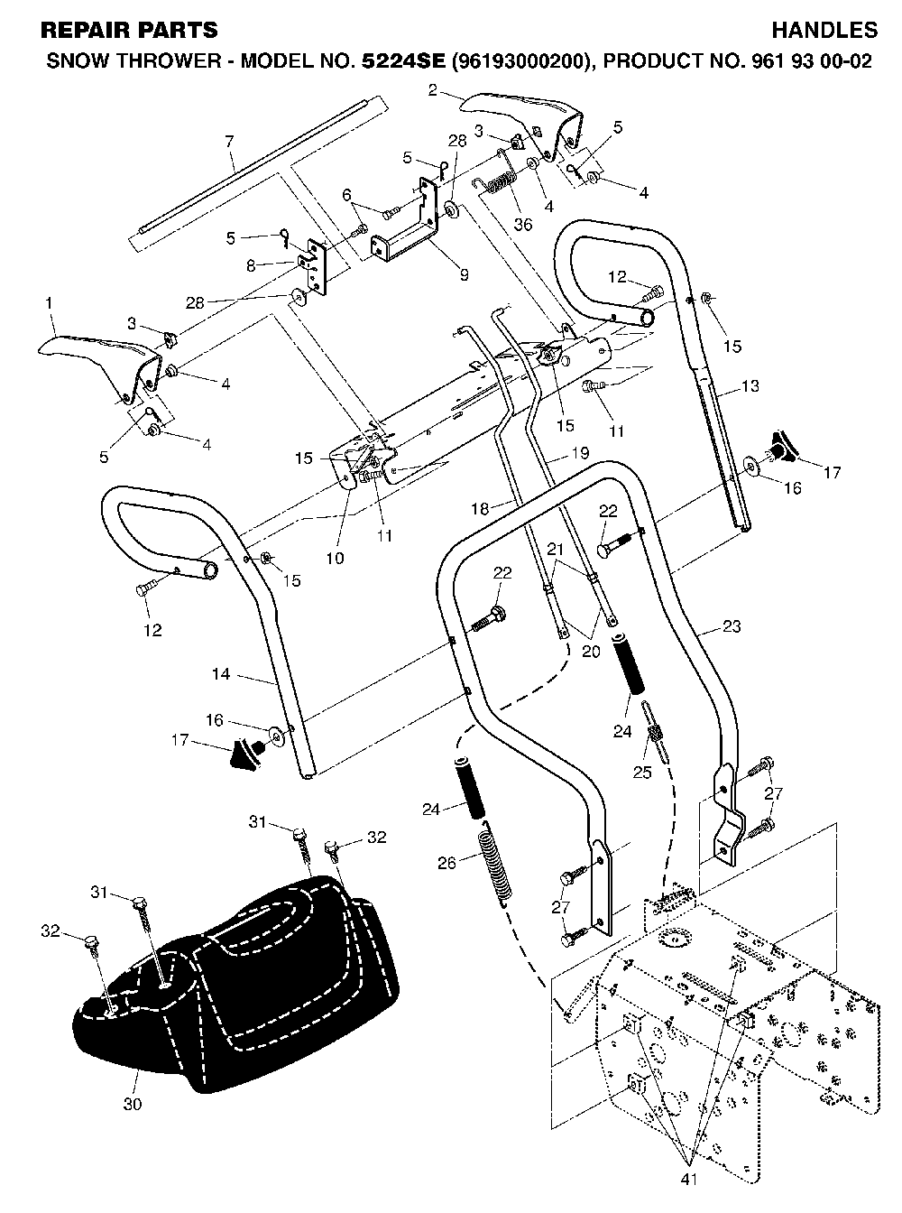 Handle And Controls Diagram and Parts List for 5524SE (96193000200, 961930002)(2006-05) Husqvarna Snow Blower