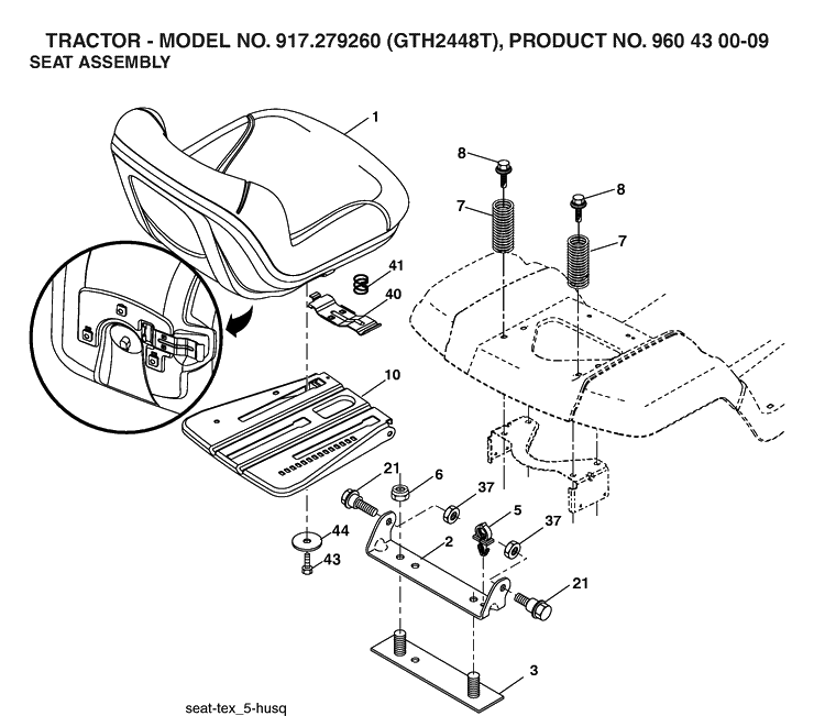 Seat Diagram and Parts List for GTH2448T (917279260)(2006-02) Husqvarna Lawn Tractor