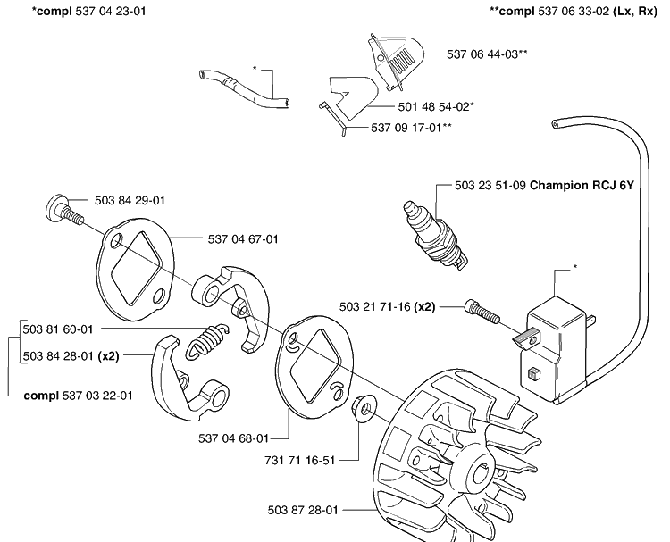 Ignition / Flywheel / Clutch Diagram and Parts List for 326L 2002-08 Husqvarna Brush Cutter