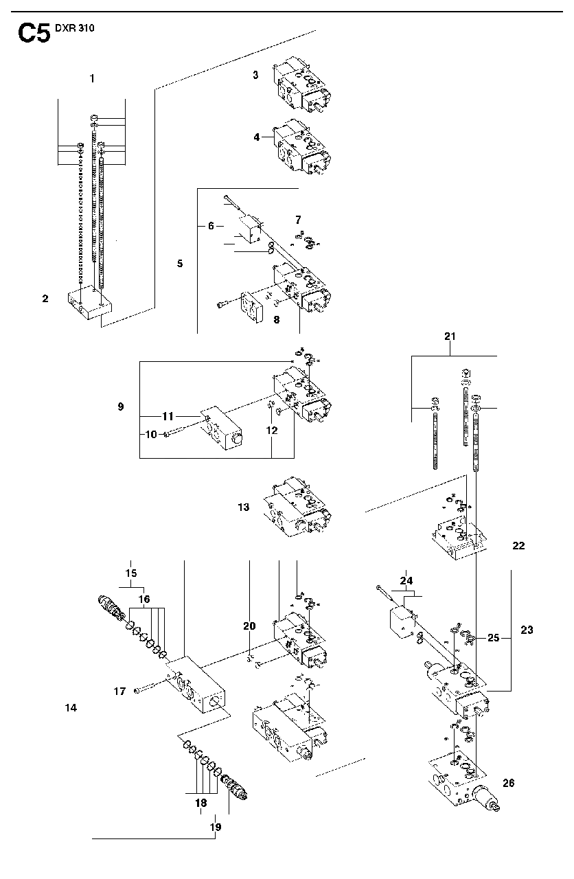 Hydraulic Stack Diagram and Parts List for DXR310 (1 - 42)(2009-07) Husqvarna Demolition Hammer