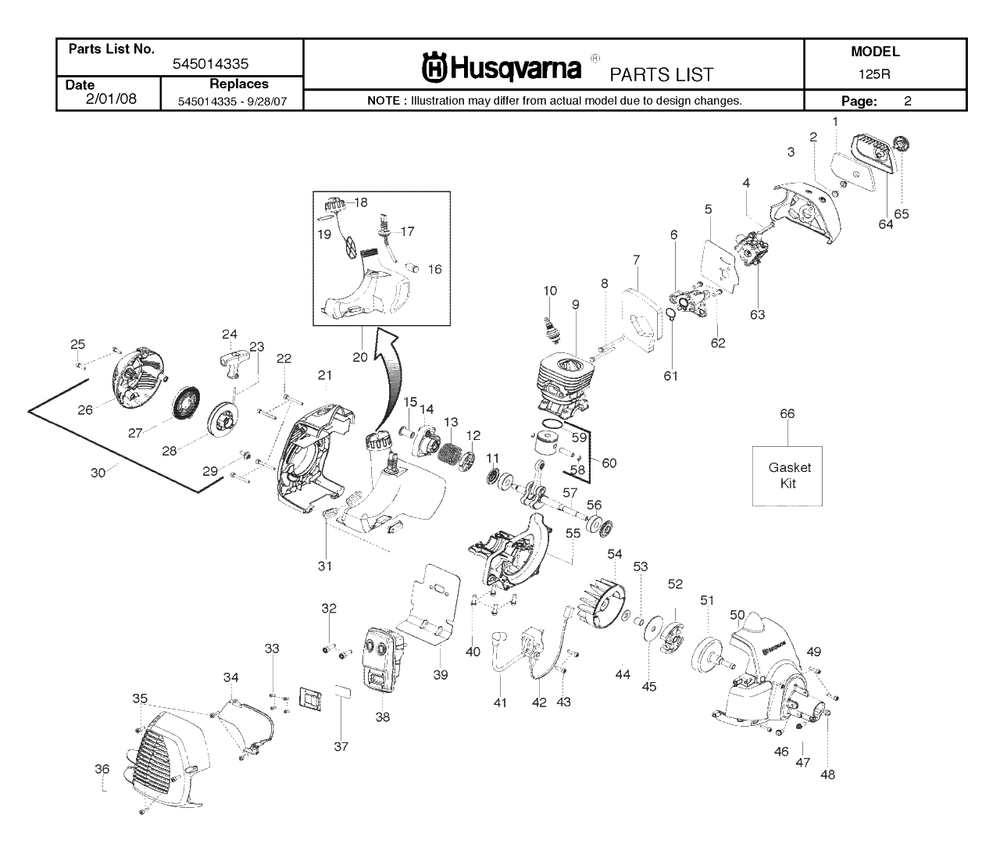 Engine Diagram and Parts List for 125R 20082200001 & Above Husqvarna Trimmer
