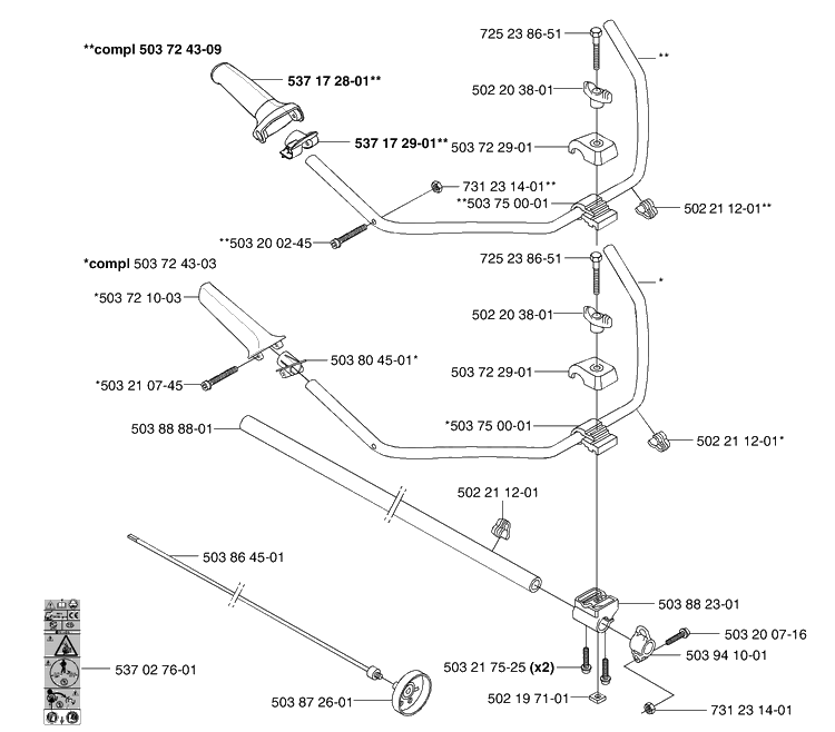 Rx Handle / Shaft Diagram and Parts List for 326C (L-LX-RX)(E-Tech 2)(2002-02) Husqvarna Brush Cutter