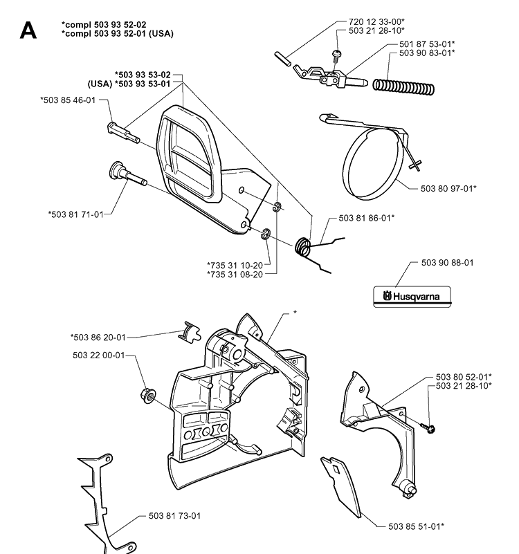 Chain Brake Diagram and Parts List for 335XPT 19970500001-19991000000 Husqvarna Chainsaw
