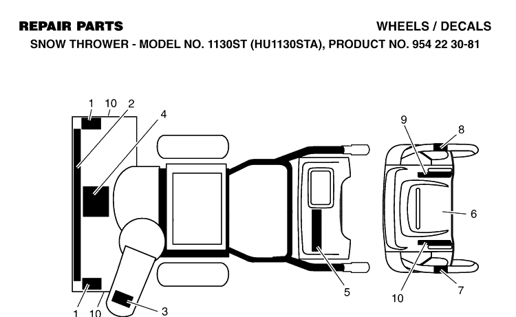 Decals Diagram and Parts List for 1130ST (HU1130STA)(2002-09) Husqvarna Snow Blower