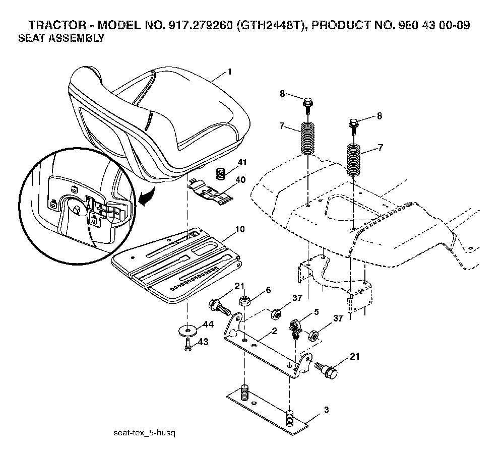 Seat Diagram and Parts List for GTH2448T (917279260, 960430009)(2006-02) Husqvarna Lawn Tractor