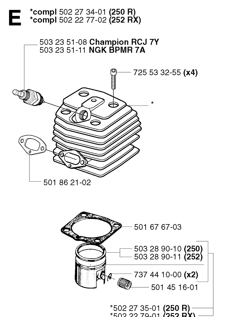 Cylinder Piston Diagram and Parts List for 250R 20023100001-20145399999 Husqvarna Brush Cutter