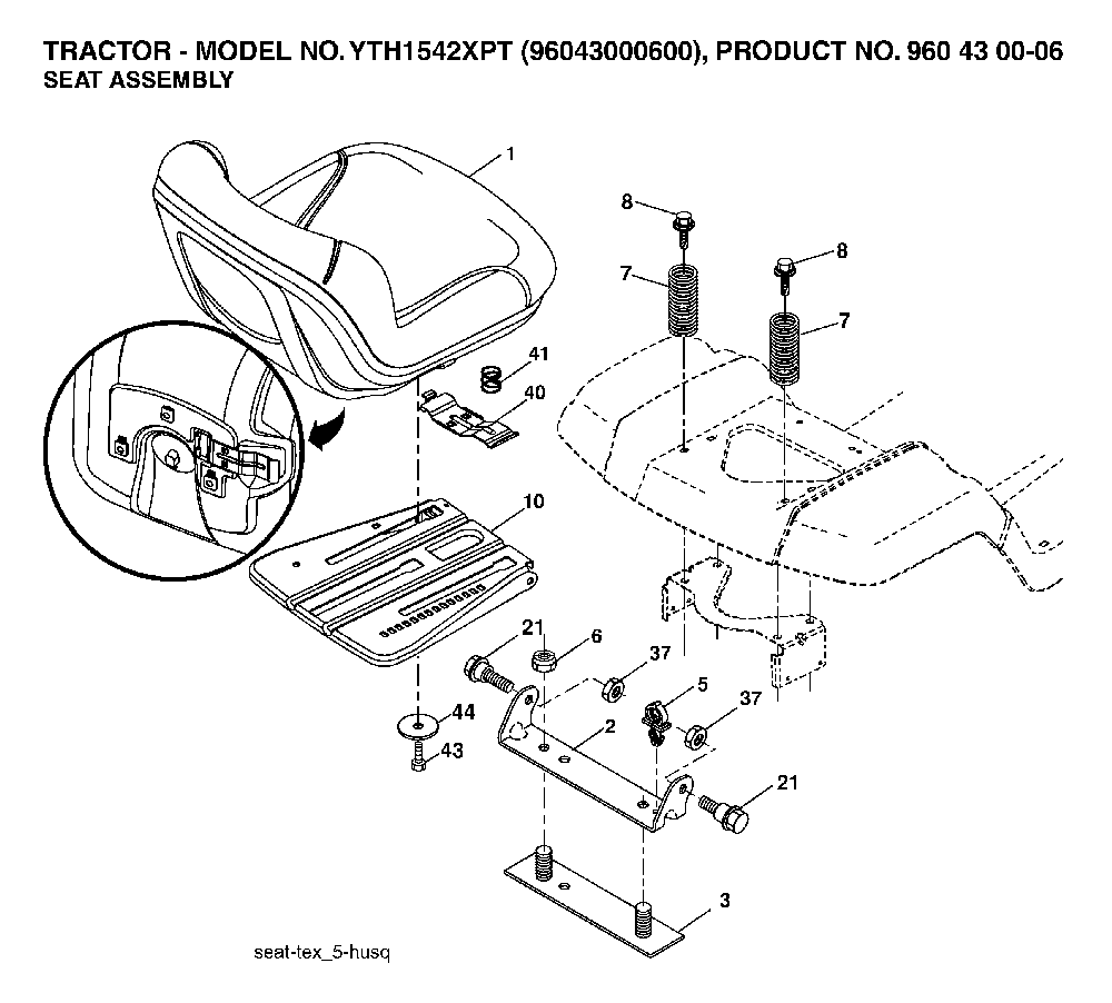Seat Diagram and Parts List for YTH1542XPT (96043000600)(2006-01) Husqvarna Lawn Tractor