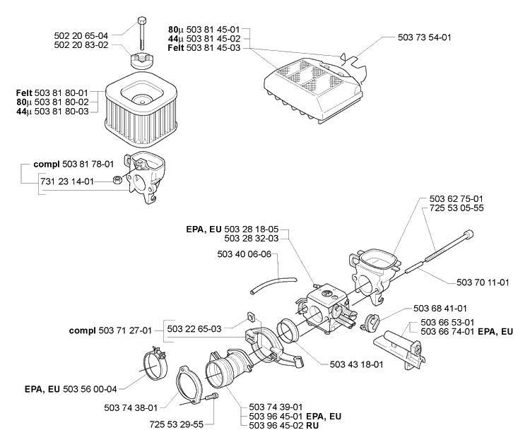 Air Filter/Carburetor Diagram and Parts List for 365EPA 2007-03 Husqvarna Chainsaw