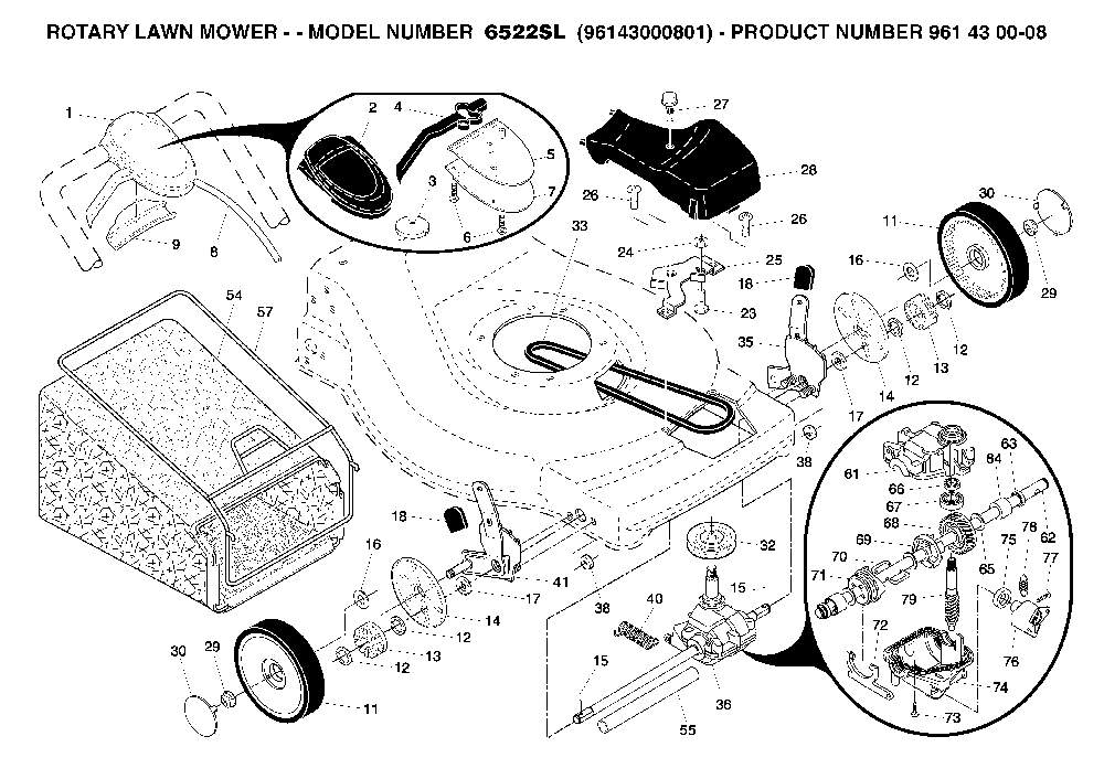 Drive Diagram and Parts List for 6522SL (96143000801)(2005-09) Husqvarna Lawn Mower