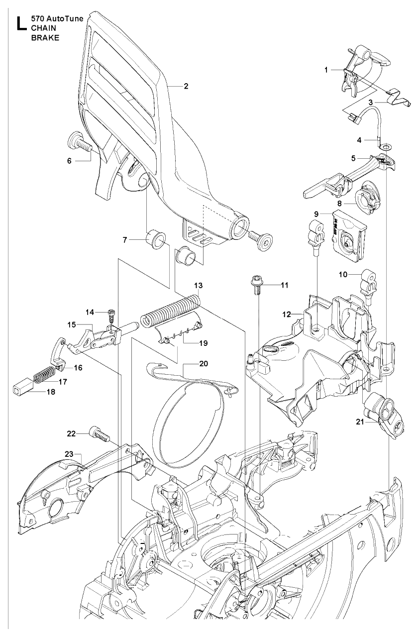 Chain Brake Diagram and Parts List for 570AUTOTUNE 20104500001 - 20130900000 Husqvarna Chainsaw