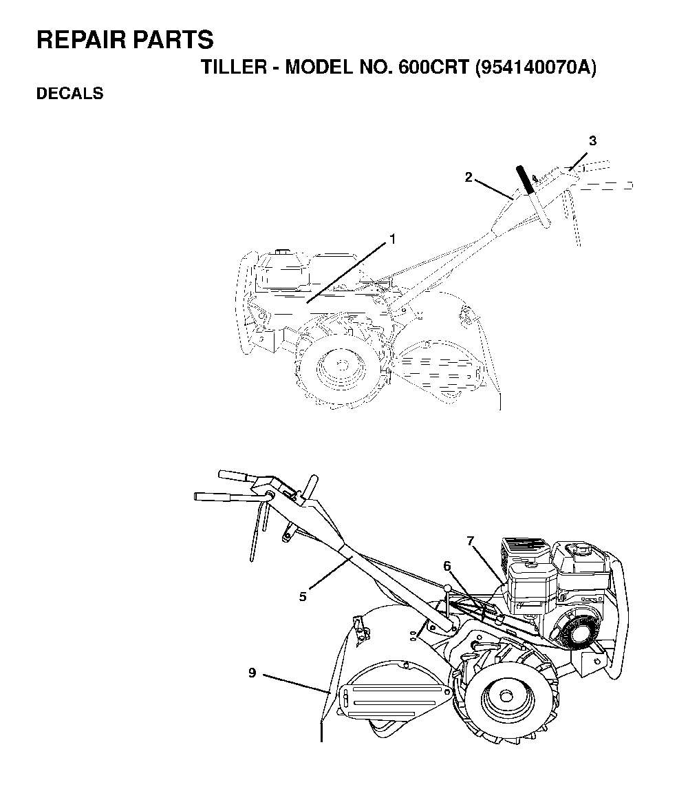 Decals Diagram and Parts List for 600CRT (954140070A)(1999-04) Husqvarna Tiller
