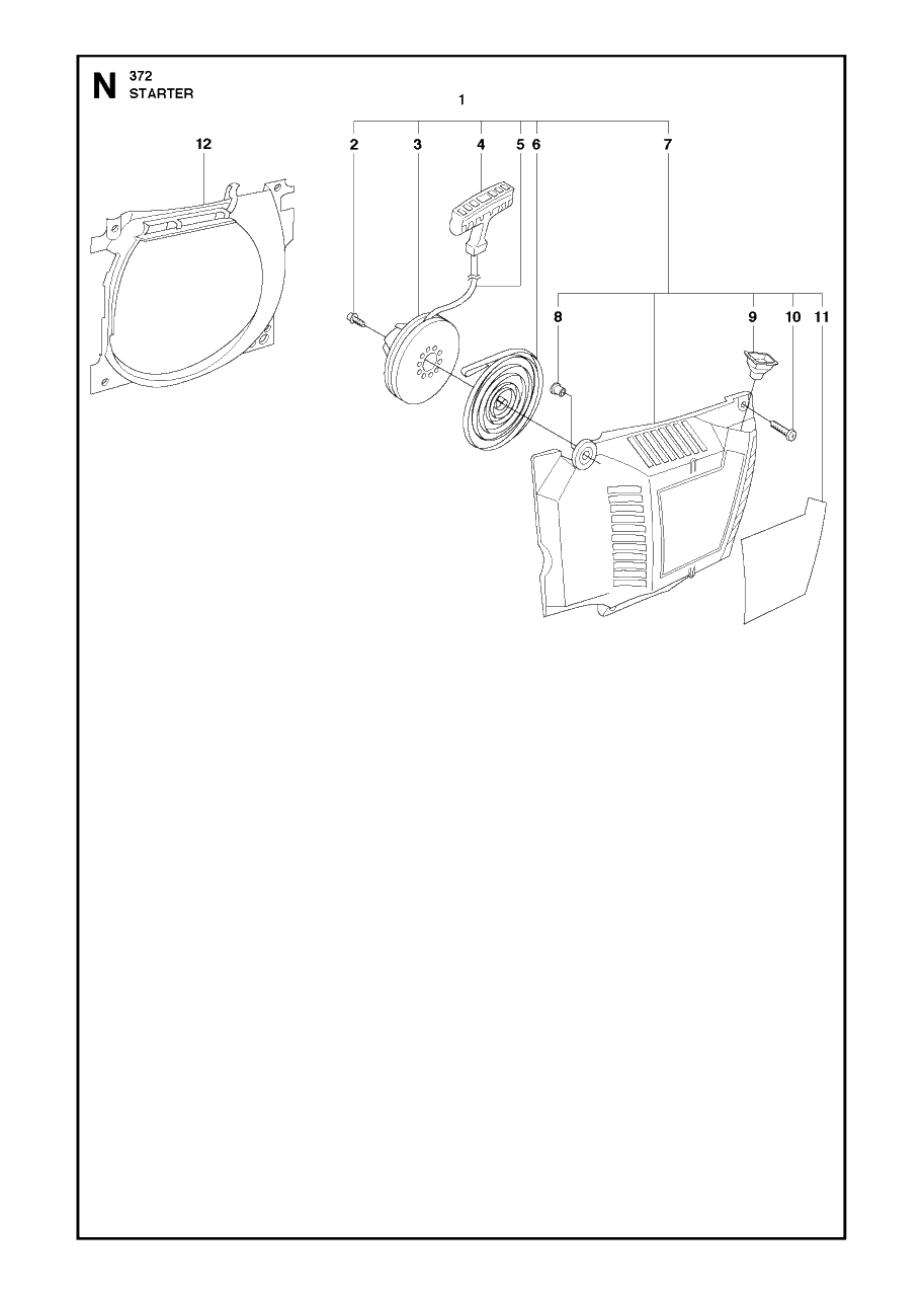 Starter Diagram and Parts List for 372XP-XPG 20111800001 & Above Husqvarna Chainsaw