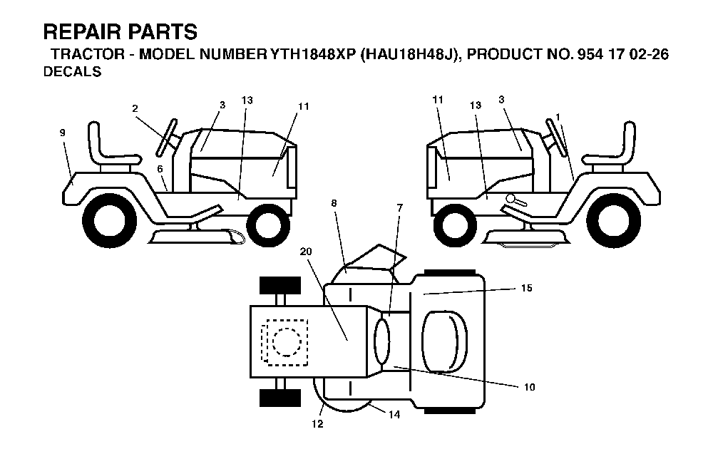 Decals Diagram and Parts List for YTH1848XP (HAU18H48J, 954170226)(2004-09) Husqvarna Lawn Tractor