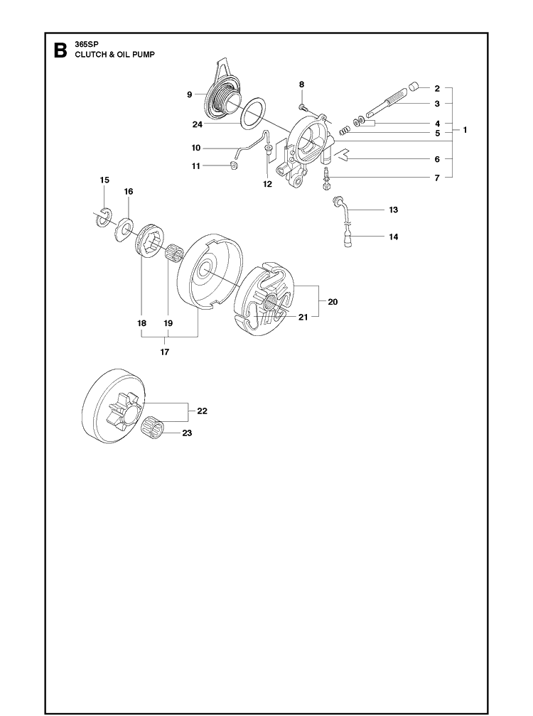 Clutch And Oil Pump Diagram and Parts List for 365 20111900001-20135199999 Husqvarna Chainsaw