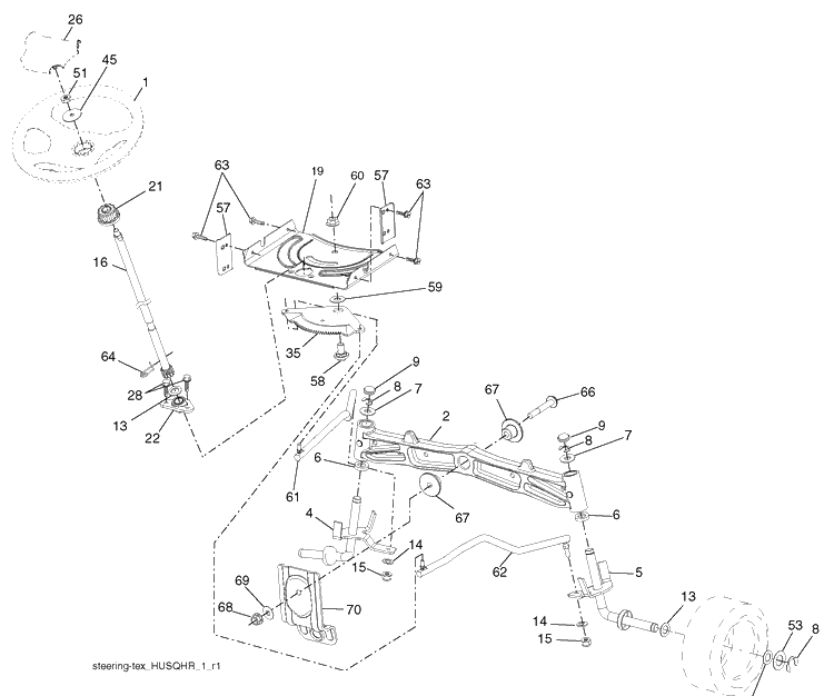 Steering Assembly Diagram and Parts List for YTH22V46 (96043010101)(2010-04) Husqvarna Lawn Mower
