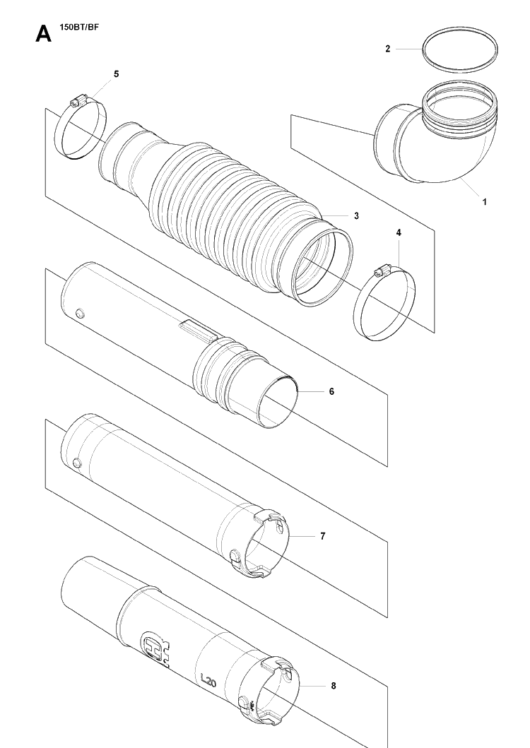 Tube Diagram and Parts List for 150BT 20084000001-20194199999 Husqvarna Leaf Blower / Vacuum