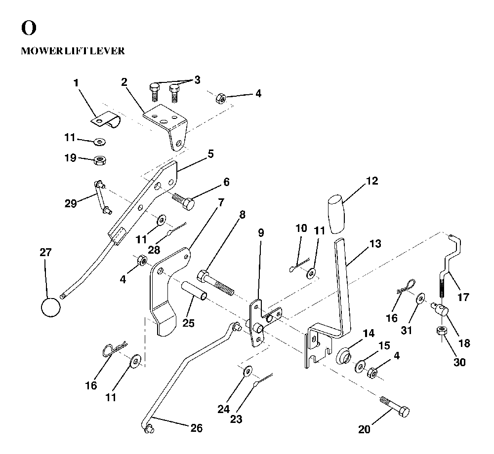 Mower Lift Lever Diagram and Parts List for LT130 (HE1336D, 954820081)(1997-03) Husqvarna Lawn Tractor