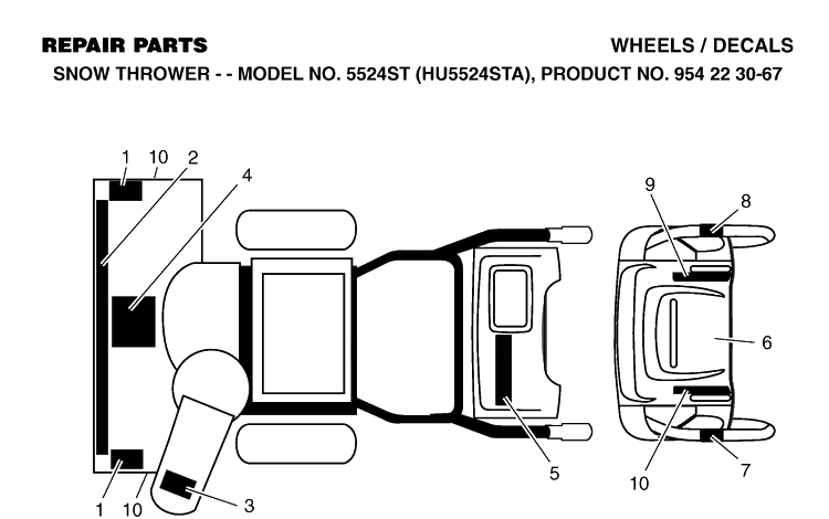 Decals Diagram and Parts List for 5524ST (HU5524STA)(2002-09) Husqvarna Snow Blower